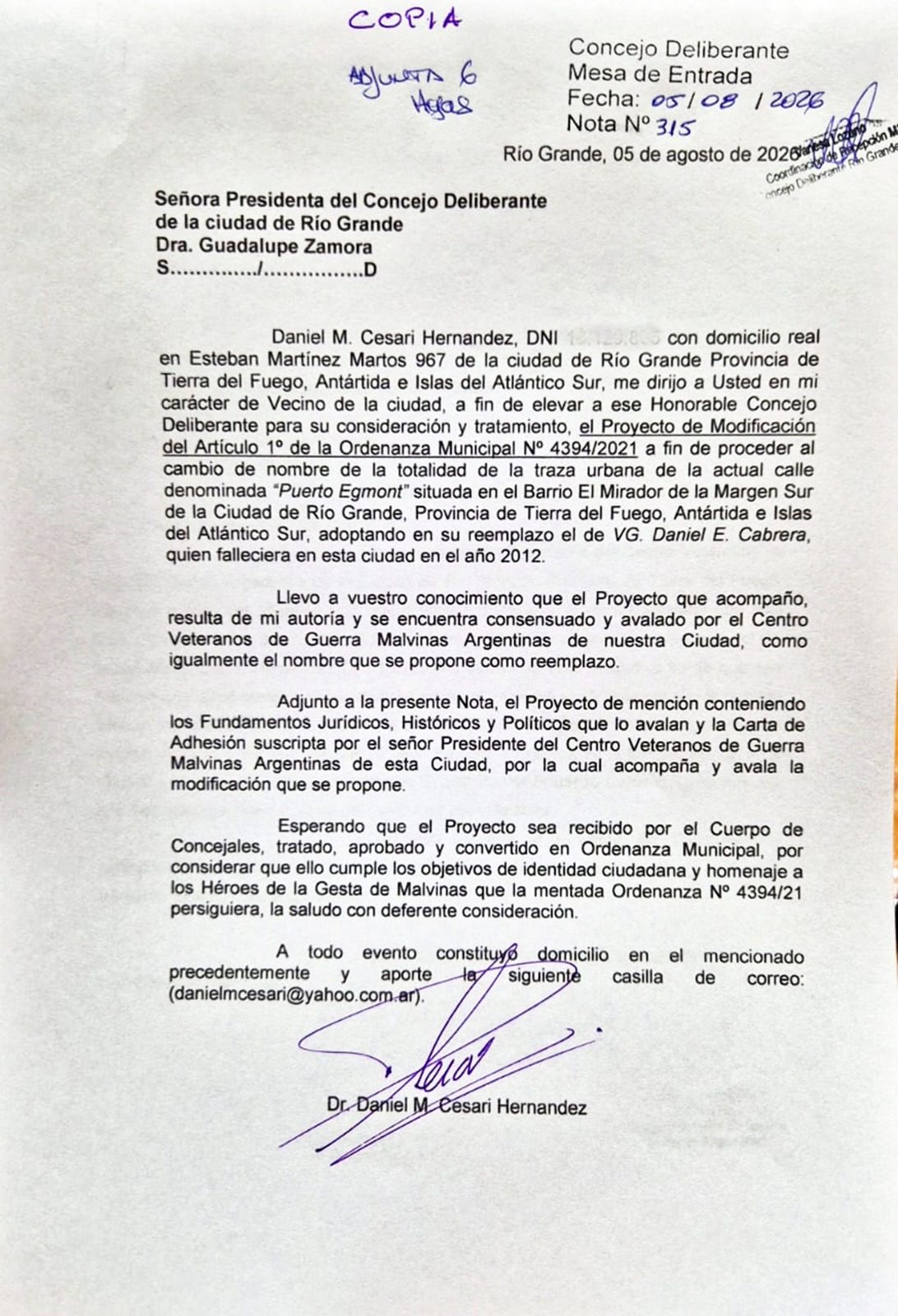 Iniciativa soberana: Proponen cambiar el nombre de la calle "Puerto Egmont" por el del veterano Daniel Cabrera en Río Grande