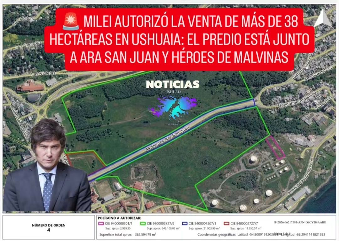 MILEI AUTORIZÓ LA VENTA DE MÁS DE 38 HECTÁREAS EN USHUAIA: EL PREDIO ESTÁ JUNTO A ARA SAN JUAN Y HÉROES DE MALVINAS