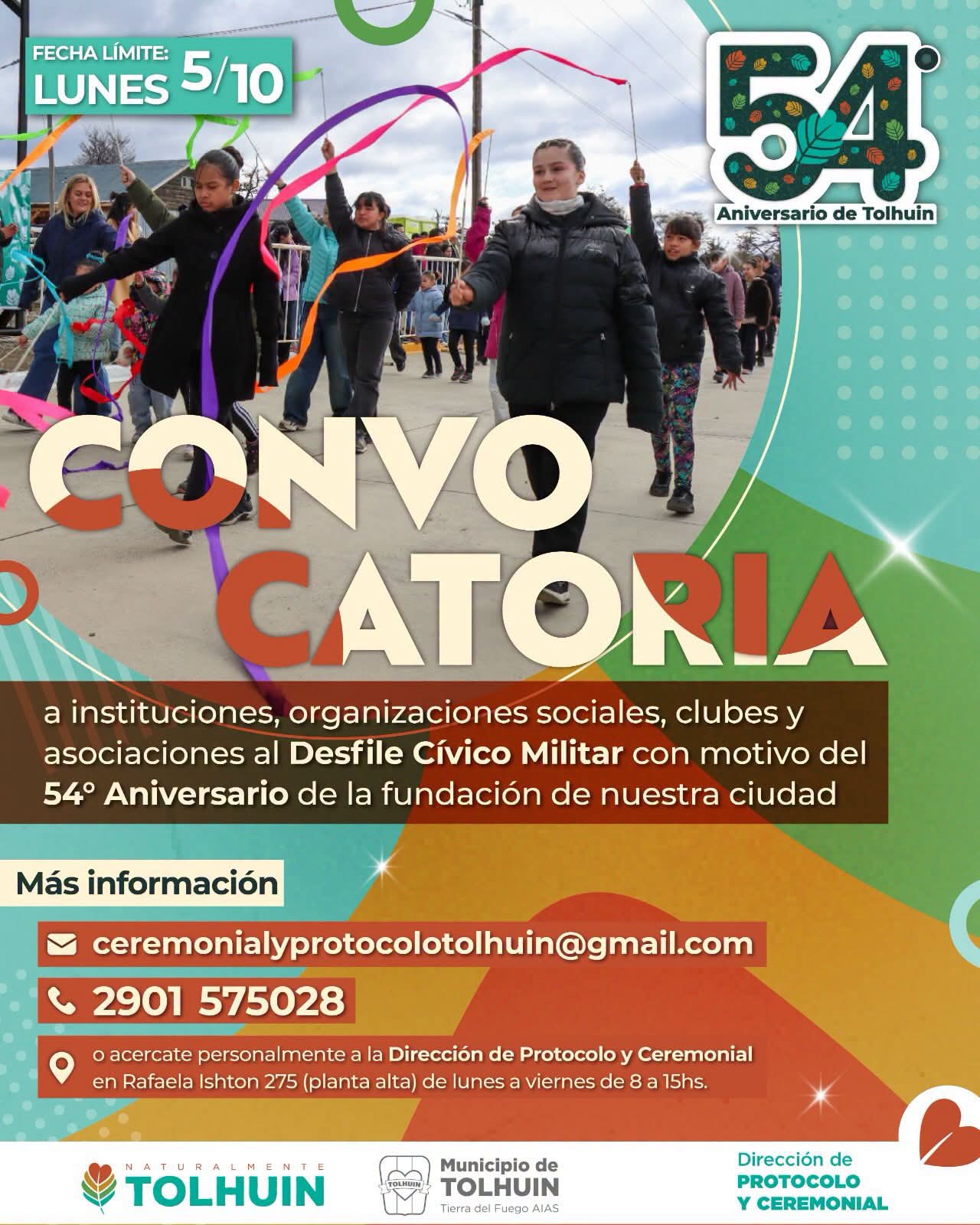 🎉 ¡Convocamos a las instituciones a ser parte del 54° aniversario de Tolhuin!