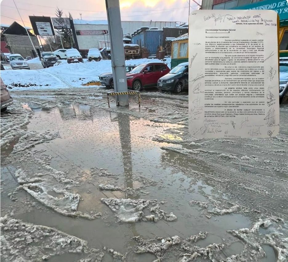鈿狅笍馃 ESTUDIANTES RECLAMAN MEJORAS EN EL INGRESO Y ESTACIONAMIENTO DE LA UTN POR LA ACUMULACI脫N DE HIELO Y AGUA
